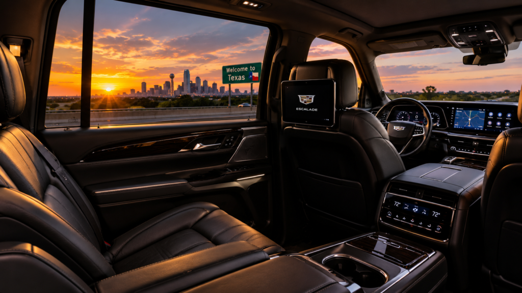 Elevate Your Journey: The Ultimate Guide to Luxury Transportation & Point-to-Point Car Services in Texas Texas black car service -Interior view of a luxury chauffeured vehicle showing comfortable leather seating with a scenic Texas highway outside the window.