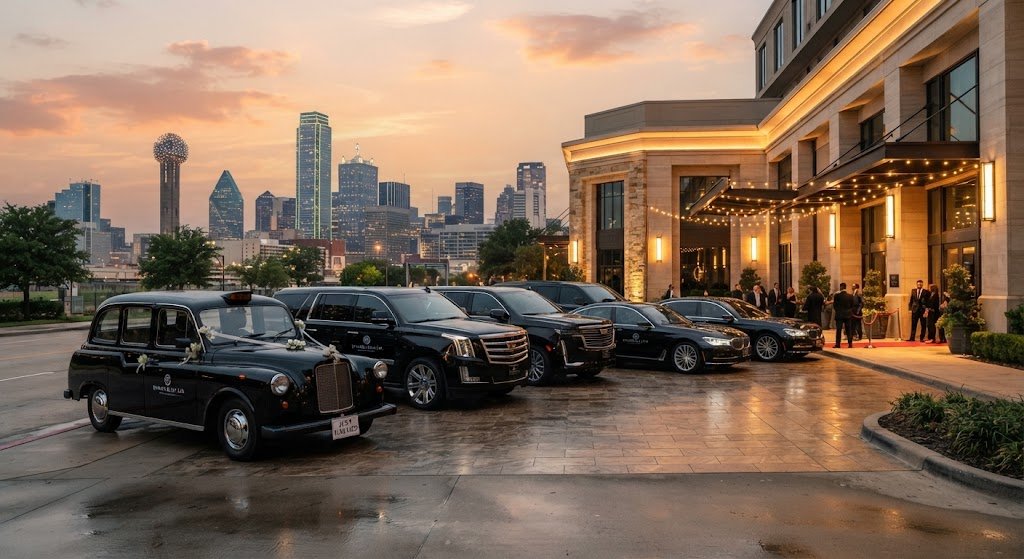 Sleek black luxury cars and event transportation dallas fleet parked elegantly for a high-end wedding celebration.