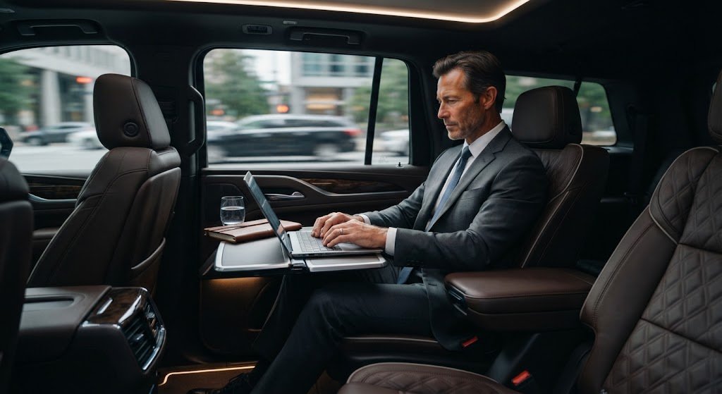Executive Business Travel and Premium Car Services: A Comprehensive Guide to Corporate Transportation, Rental Strategies, and Fleet Management Business professional working productively inside a private black car service vehicle
