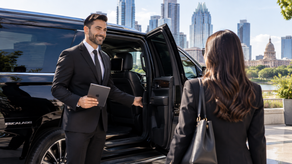 Elevate Your Journey: The Ultimate Guide to Luxury Transportation & Point-to-Point Car Services in Texas A professional chauffeur in a sharp black suit standing beside a premium black executive SUV ready for a client.