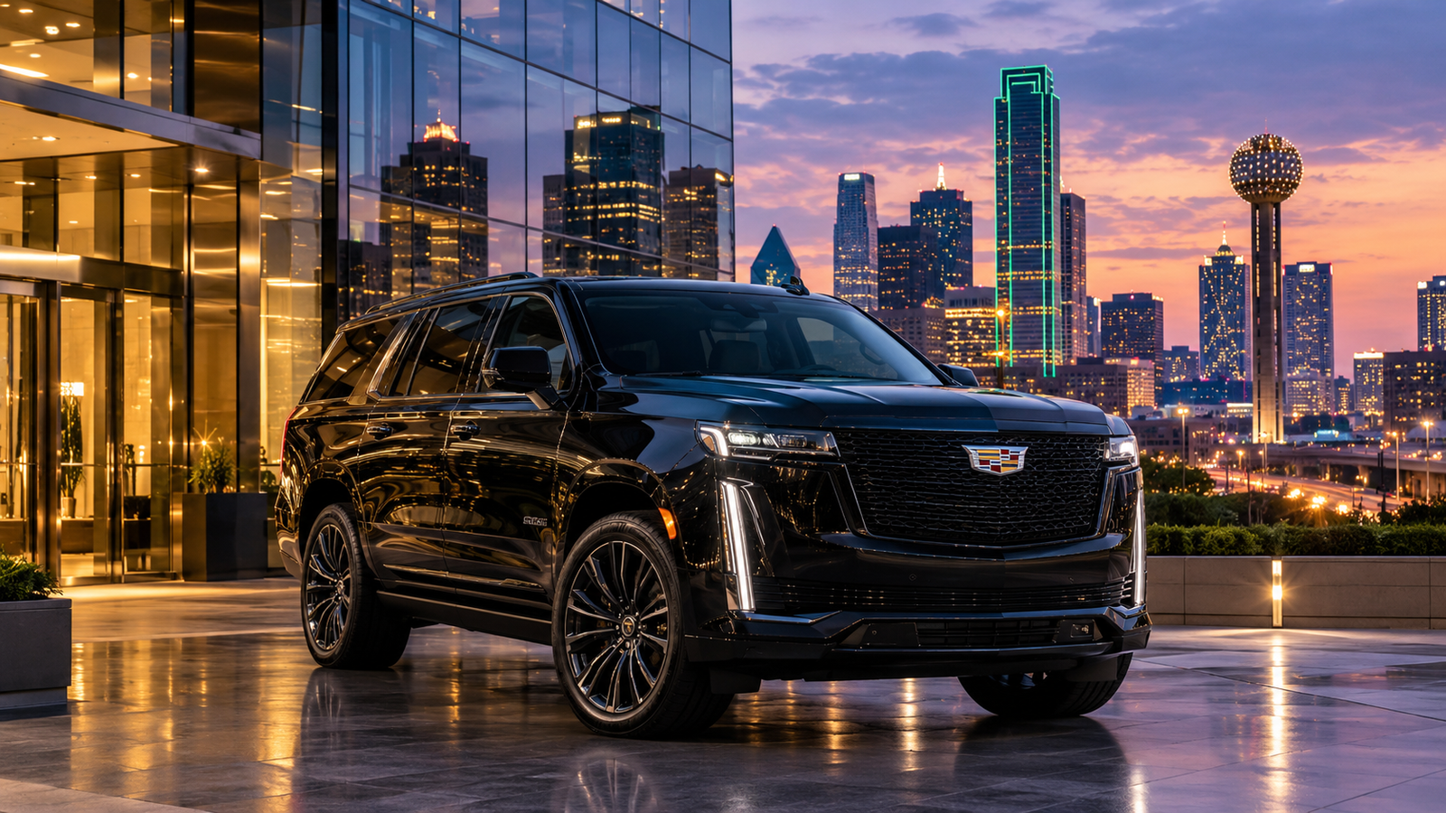 A sleek luxury black SUV parked outside a corporate skyscraper in downtown Dallas at twilight.