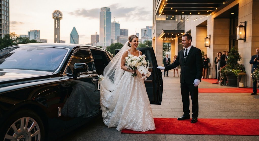 Professional chauffeur opening the door of a premier black car wedding service in Dallas for a bride.
