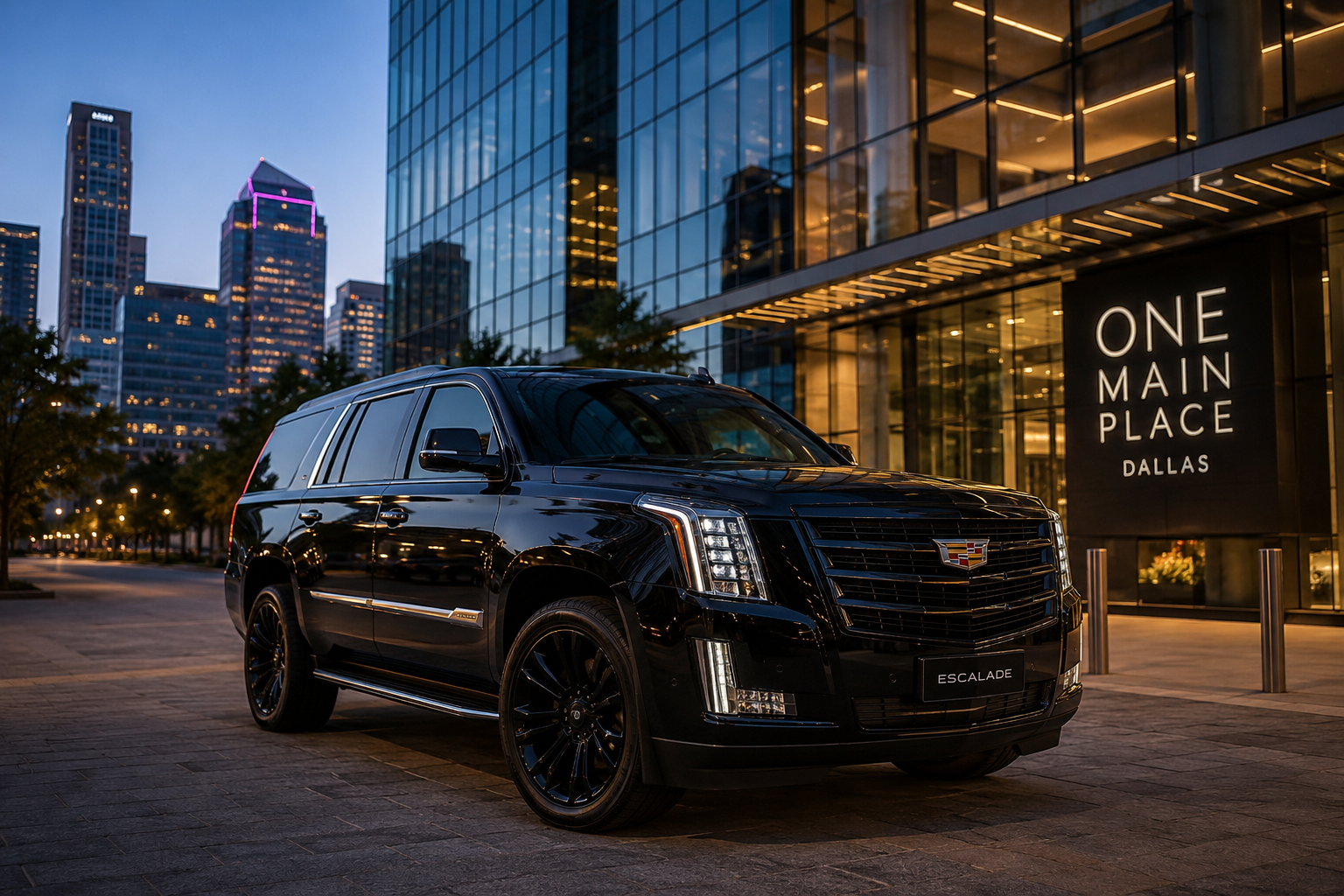 Premium black car service Dallas Texas waiting outside a corporate building